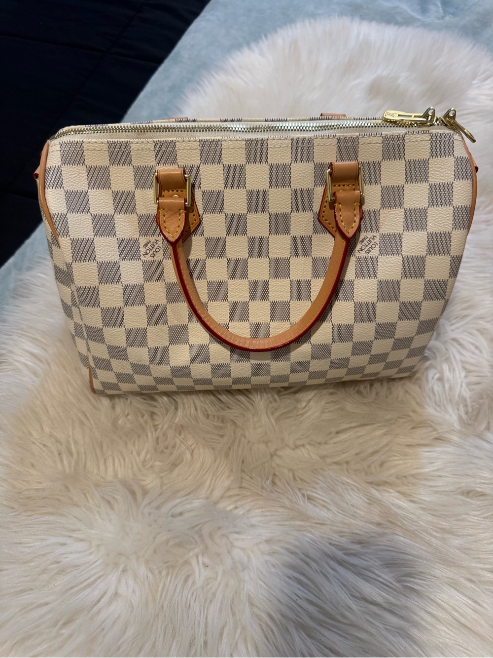 Cream Checkered Satchel with Tan Handles